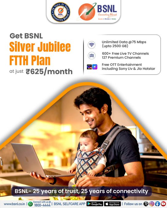 BSNL_RJ's tweet photo. Celebrate 25 years of trust with a plan that delivers pure value!
Switch to the BSNL Silver Jubilee FTTH Plan — 2,500 GB data, 600+ live channels, and 127 premium channels, all for just ₹625/month.
Say ‘Hi’ on WhatsApp at 1800-4444!
#BSNL #BSNLSilverJubileePlan #25YearsOfBSNL #BSNLFTTH