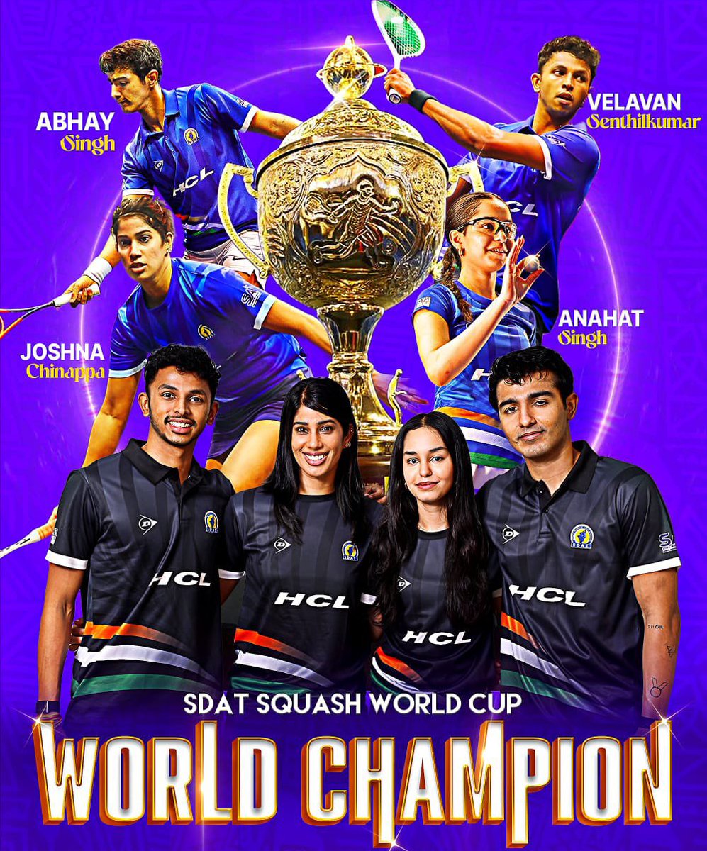 JSPSavve's tweet photo. Heartfelt congratulations to the Indian Squash Team for clinching their maiden World Cup title at the SDAT #SquashWorldCup2025. This historic achievement is a proud moment for the nation and will inspire young athletes, paving the way for a bright future for squash in India. https://t.co/H7RhbxN1ew