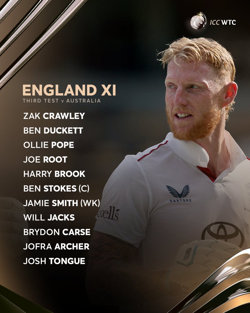 Josh Tongue 🔁 Gus Atkinson

With the Ashes on the line, England make one change to their Playing XI for the crucial Adelaide Test 👊

#WTC27 | #AUSvENG | Read more 👉 icc-cricket.com/news/england-c…
