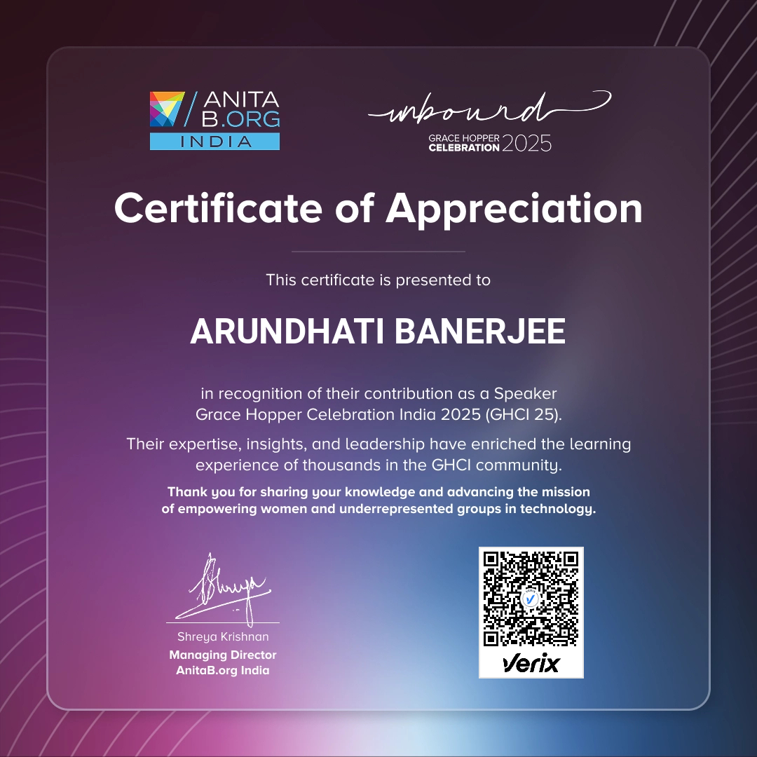 Honoured to receive my #GHCI25 Speaker Certificate 🎤✨
Speaking at Grace Hopper Celebration India 2025 was truly special. Grateful to the <a href="/AnitaB_org/">AnitaB.org</a> and <a href="/AnitaBorg_India/">AnitaB.org India</a> for the opportunity and to everyone who joined the session with such curiosity, candor, and engagement.