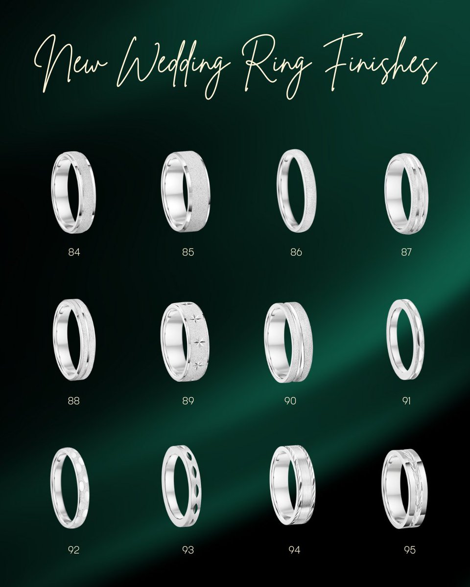 We are delighted to introduce our brand-new range of beautifully textured wedding ring finishes, each created with precision, and can be applied to any plain wedding band.

These new finishes are now included in our wedding ring builder online.

Which finish is your favourite?