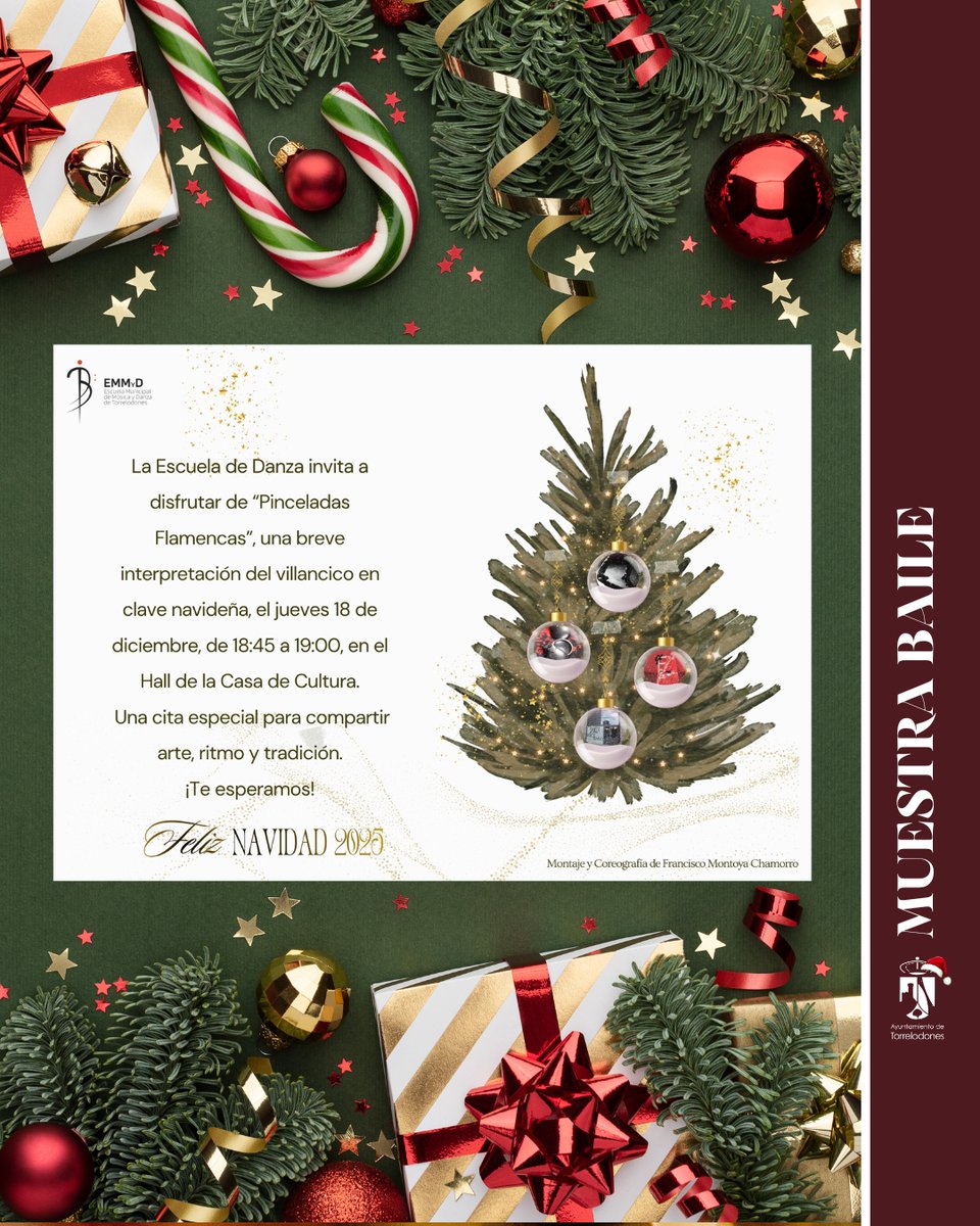 🎄💃 Este jueves 18 de diciembre, disfruta de “Pinceladas Flamencas”, un villancico en movimiento interpretado por alumnos de todas las edades de la Escuela de Danza.

🕕 18:45h
📍 Hall Casa de Cultura
🎟️ Entrada libre hasta completar aforo 

¡No te lo pierdas!
