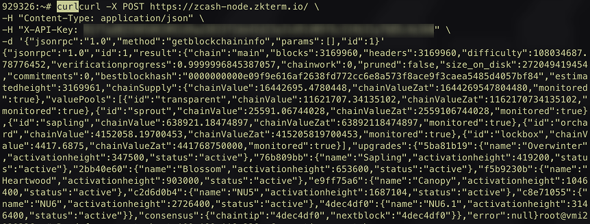 Gm,

zkTerm is now running its own Zcash RPC node. hoping to integrate and run zcash features on zkterm soon.

zcash-node.zkterm.io
X-API-Key: working ✅
SSL: working ✅
blocks: 3,169,960
verificationprogress: 99.99%

$ZKTR