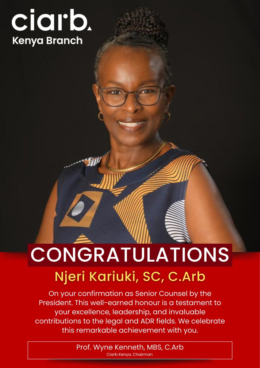 𝐀 𝐩𝐫𝐨𝐮𝐝 𝐚𝐧𝐝 𝐢𝐧𝐬𝐩𝐢𝐫𝐢𝐧𝐠 𝐦𝐨𝐦𝐞𝐧𝐭! 

Njeri Kariuki FCIArb, C.Arb, CPS(K), Adv. SC, She is confirmed as Senior Counsel by the President. This well-deserved recognition is a testament to her dedication, integrity, and remarkable impact on the legal profession.