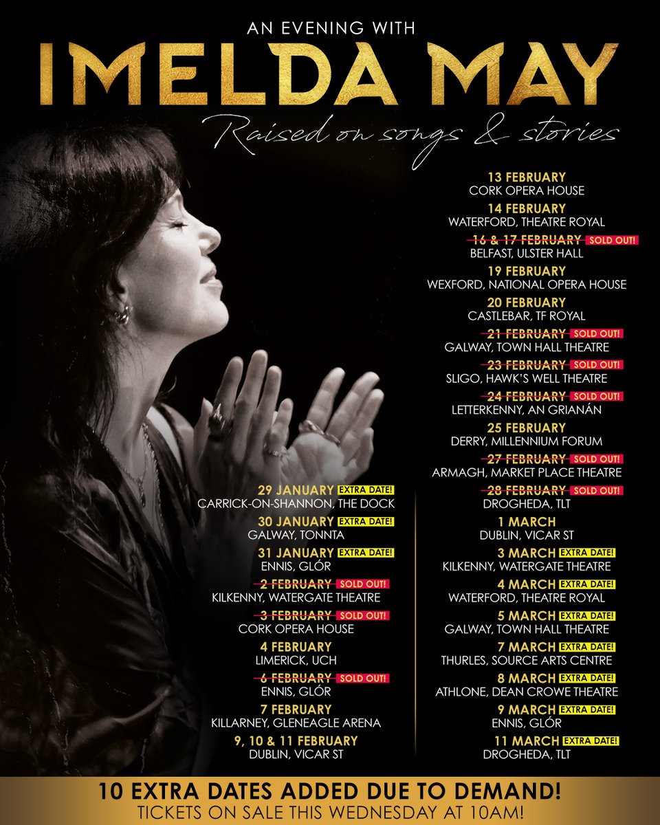 ★ ★ 𝗘𝗫𝗧𝗥𝗔 𝗗𝗔𝗧𝗘𝗦 ★ ★

Due to demand, @imeldaofficial has announced 10 additional Irish dates for her "Raised on Songs &amp; Stories" tour for early 2026✨

🎫 Tickets on sale This Wednesday at 10AM