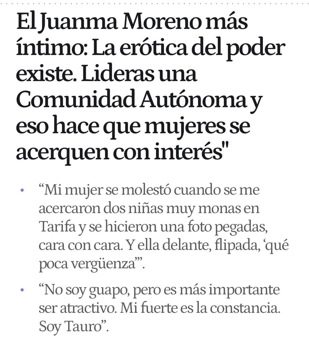 Corrijo, no es el Juanma Moreno más íntimo, es el verdadero Juanma Moreno machista que habla de “niñas monas”, de “erotica del poder” o “mujeres interesadas” reproduciendo estereotipos machistas y degradando el papel de las mujeres en la vida pública #machismo
