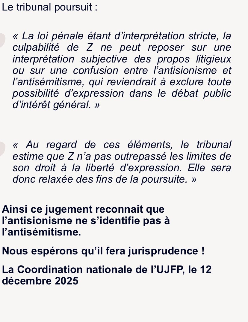 ⚖️ La justice confirme que l’antisionisme n’est pas de l’antisémitisme et réaffirme la liberté d’expression consacrée par le droit européen en référence au droit international.