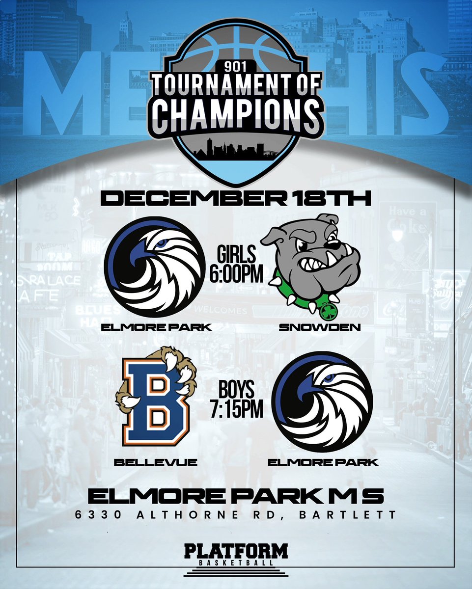 The 901 Tournament of Champions Middle School kicking  off with a bang! It's #1 Elmore Park vs #2 Bellevue for the boys!  And #1 Snowden vs #3 Elmore Park for the girls! #901toc