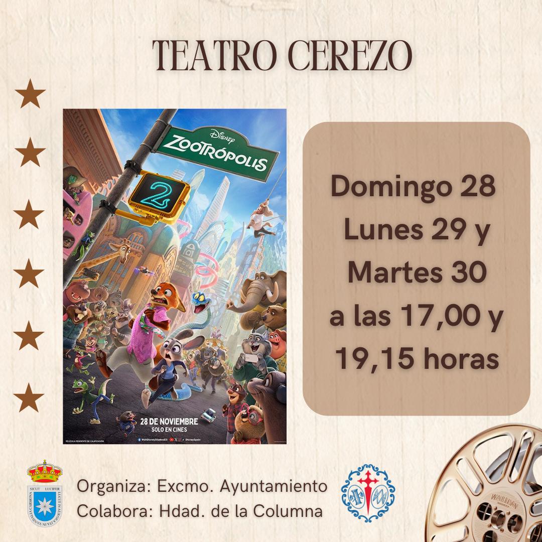 🎥 𝐙𝐎𝐎𝐓𝐑𝐎𝐏𝐎𝐋𝐈𝐒 𝟐

📅Domingo 28, lunes 29 y martes 30 de diciembre
🕗17:00h y 19:15h
🎟️Apertura de taquilla media hora antes de la sesión 
🏢Teatro Cerezo