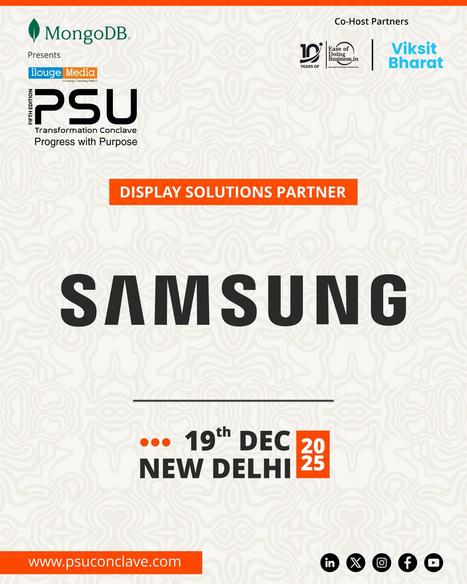 ilougemedia's tweet image. Glad to welcome @SamsungIndia as the Display Solutions Partner for the 5th PSU Transformation Conclave!

Powering immersive digital experiences through advanced display technologies.

19 Dec 2025 | New Delhi
psuconclave.com

#PSUConclave #Samsung #DisplaySolutions