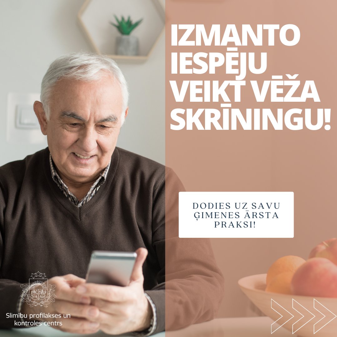 Vēža profilaktiskās pārbaudes jāveic arī tad, ja nav nekādu simptomu un jūties vesels! 
Ja Tev ir 50 gadi, dodies pie sava ģimenes ārsta  un jautā valsts apmaksātus zarnu vēža un prostatas vēža skrīningus!
Mazs solis - ilgtermiņa ieguldījums veselībā! spkc.gov.lv/lv/veza-skrini…