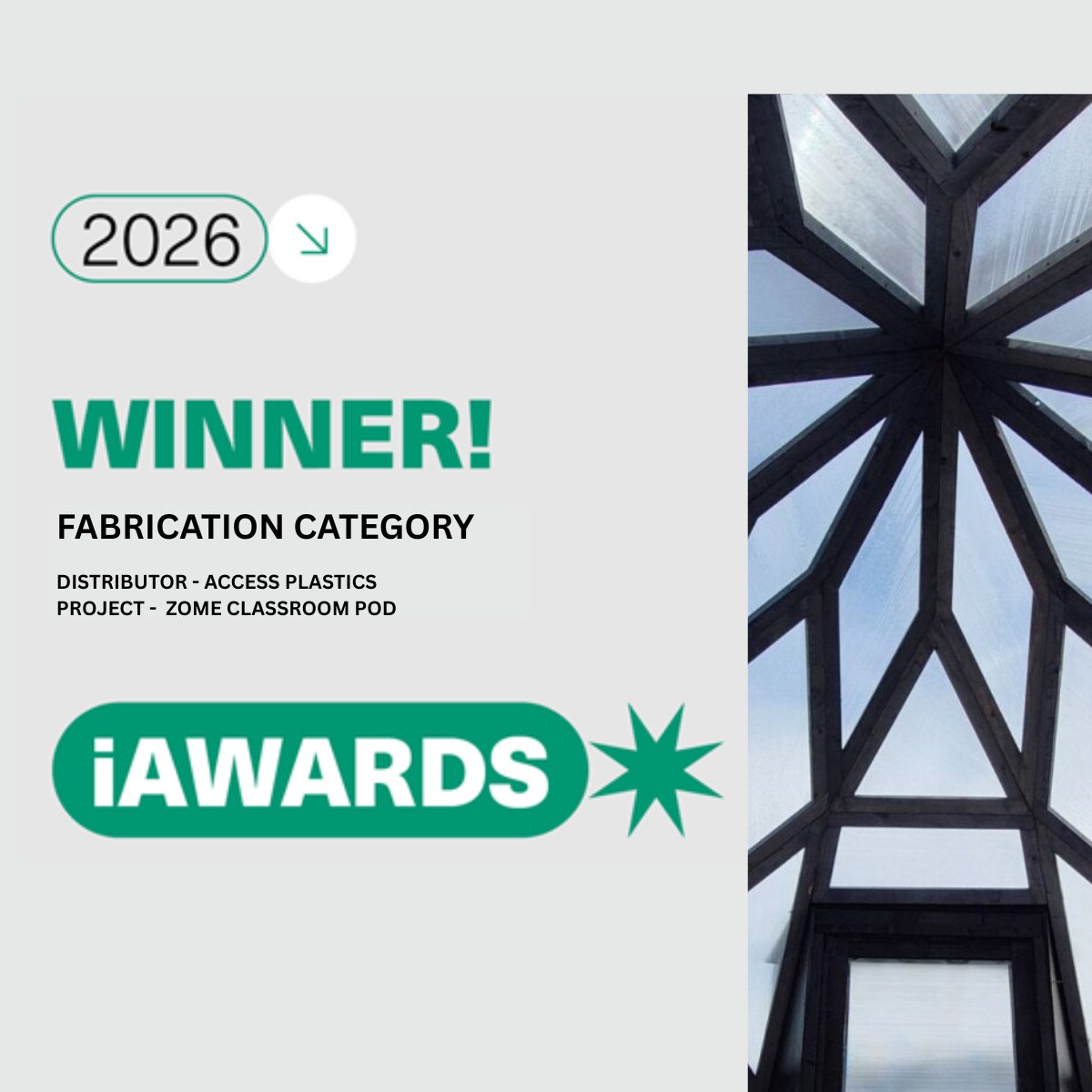 AccessPlastics's tweet photo. 🎉 Huge congratulations to Touchwood Crafts! 🎉

We’re delighted to congratulate Touchwood Crafts on winning the Brett Martin iAwards – Fabrication Category for their incredible **Zome Classroom Pod** project 🏆

👉 Learn more about the Zome project here:
https://t.co/MpZdat4igG https://t.co/7j3Jct7iRk