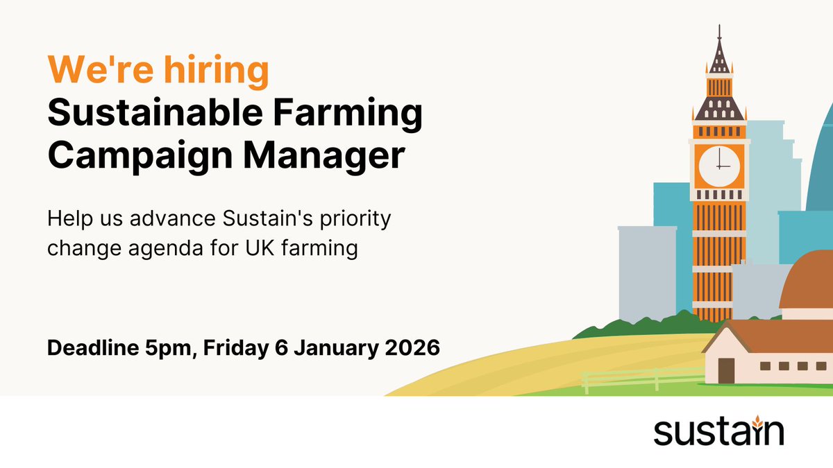 UKSustain's tweet photo. 📢 Come work with us at Sustain!

We're recruiting a Sustainable Farming Campaign Manager: a policy, advocacy and campaign leadership role, focused on addressing the challenges to achieving an agroecological food and farming system. 

Apply by 6 Jan https://t.co/a9sIW2qIxm... https://t.co/XyH9fG5BZH