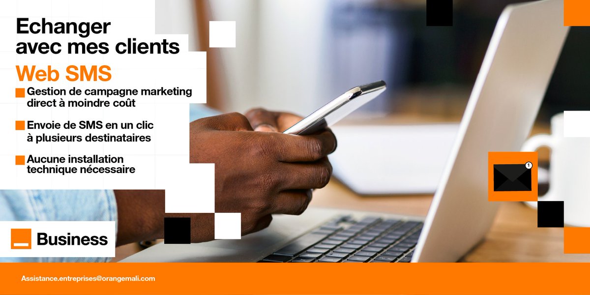 Orange_Mali's tweet photo. Le Web SMS permet de communiquer en toute simplicité avec vos clients. Il permet l'envoi automatisé et personnalisé de messages en masse à vos clients, partenaires et prospects et ce, de manière régulière ou ponctuelle. Pour toute information, écrivez-nous à l'adresse assistance.entreprises@orangemali.com #OrangeEntreprise #OrangeMali