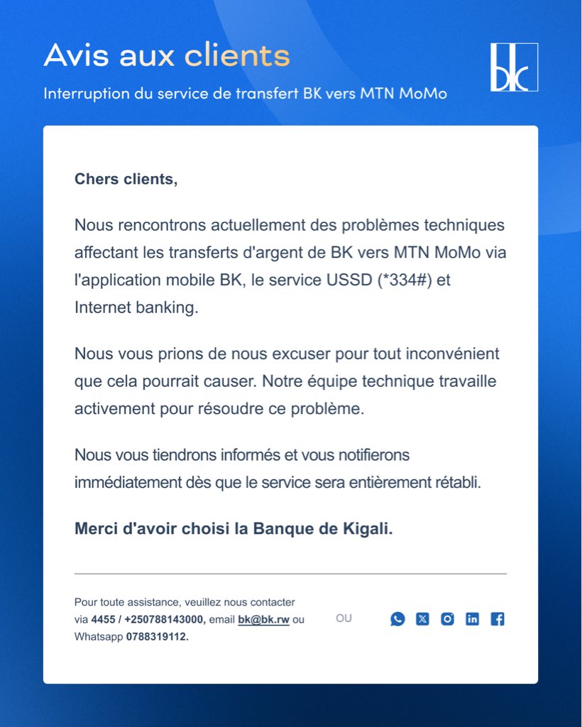 mybksupport's tweet photo. ITANGAZO RIGENEWE ABAKILIYA - NOTICE TO CUSTOMERS - AVIS AUX CLIENTS https://t.co/AEVhpyfxao