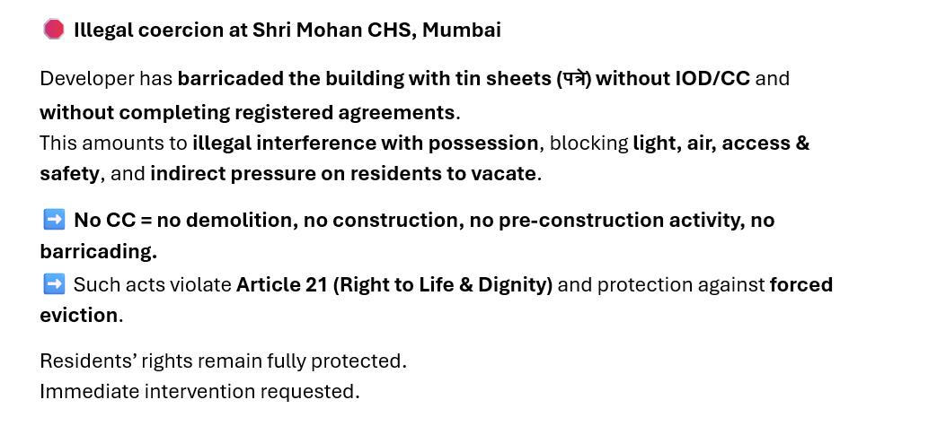 shrimahajan1949's tweet photo. A Fight for Justice  at Shri Mohan CHS 
@mybmc @MahaRERA @CMOMaharashtra @MumbaiPolice @HCMumbai @mieknathshinde @MoHUA_India @DGPMaharashtra @OfficeofUT @svaradarajan @anjali_damania 
#SeniorCitizenRights #HousingJustice #RedevelopmentScam Pls help! https://t.co/yIOgySTMKO