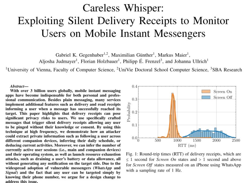recepsec's tweet photo. When WhatsApp reveal your activity :)
But there is no fancy hacking things, just simply reacting to your message. Great paper from University of Vienna - SBA Research !
The attack needs no malware. The attacker only needs your phone number. https://t.co/Uyc7OzWxWd