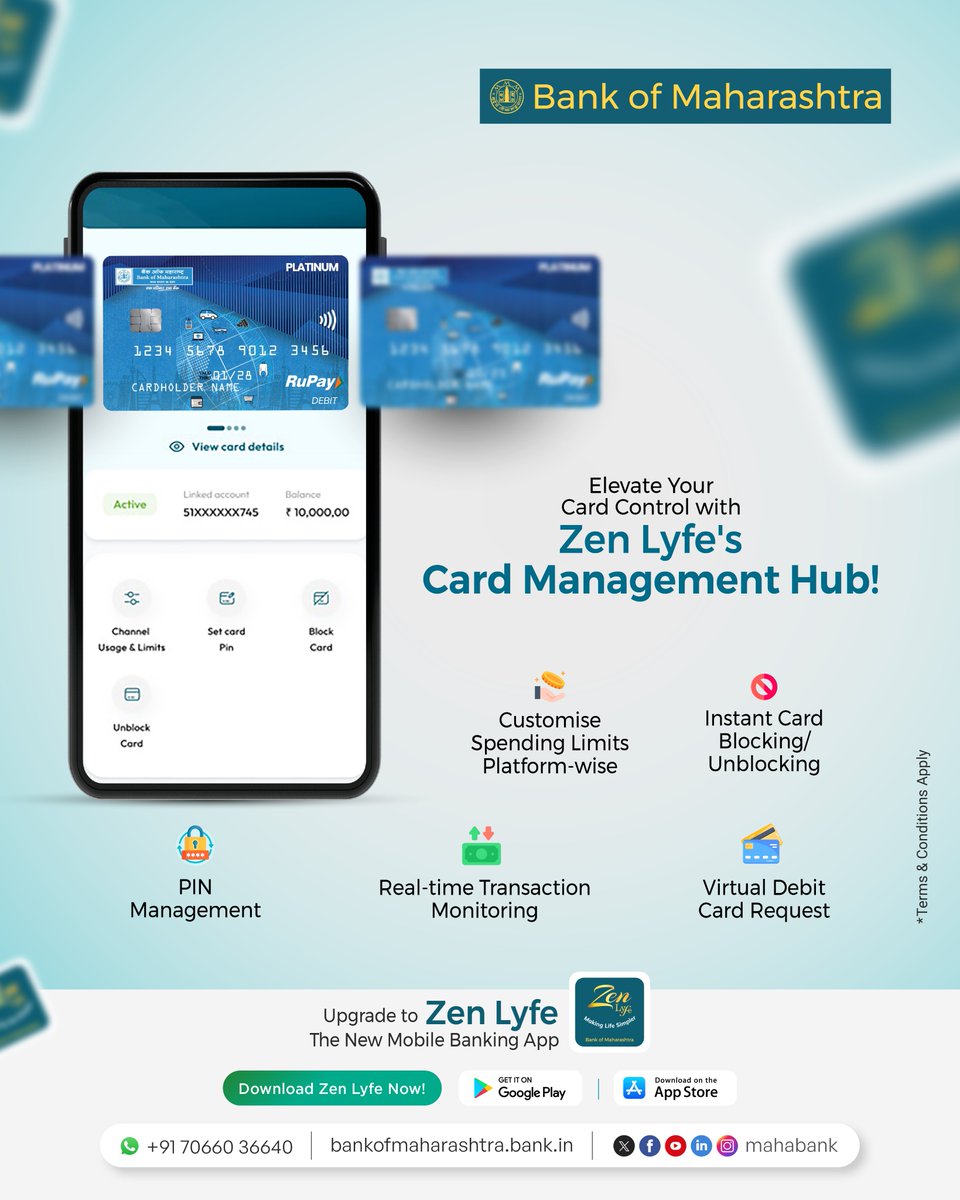 mahabank's tweet photo. With Zen Lyfe’s Card Management Hub, manage your debit card like a pro, set platform-wise limits, block/unblock instantly, monitor transactions in real time and even request a virtual card.
Download Zen Lyfe Now https://t.co/AJkv06KAKY
#ZenLyfe #MakingLifeSimpler #MobileBanking https://t.co/9aL1EYPEeS