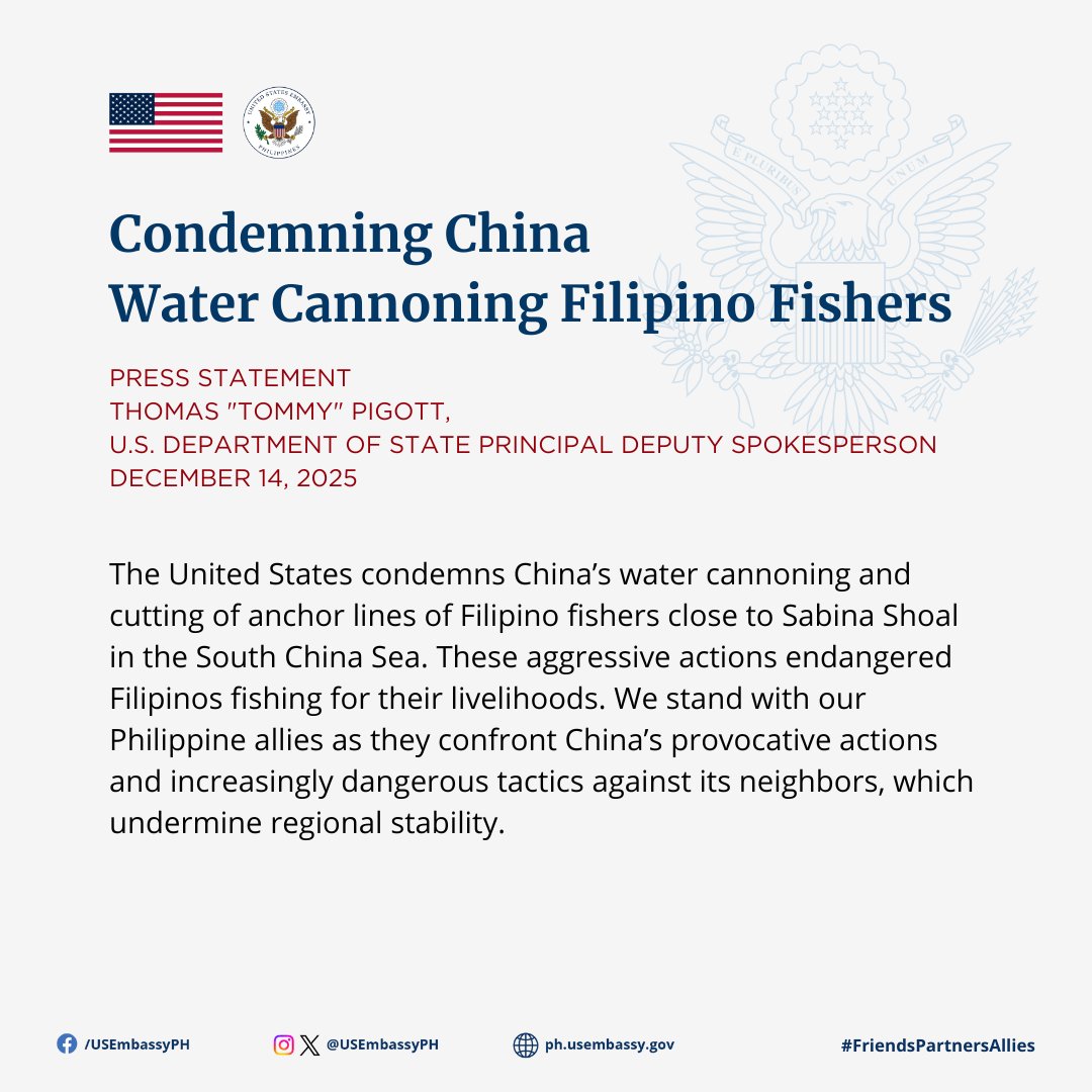 Read this <a href="/StateDept/">Department of State</a> statement condemning China water cannoning Filipino fishers. Full statement:  state.gov/releases/offic… #FreeAndOpenIndoPacific