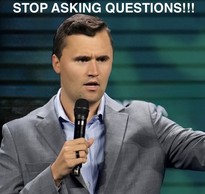 cmccartney's tweet photo. @jimmy_dore Here’s a meme inspired by recent videos regarding the asking of questions. I hope it makes people think.

I can’t imagine Charlie Kirk standing up and saying “Stop asking questions!!!” https://t.co/caBXqIcdu1