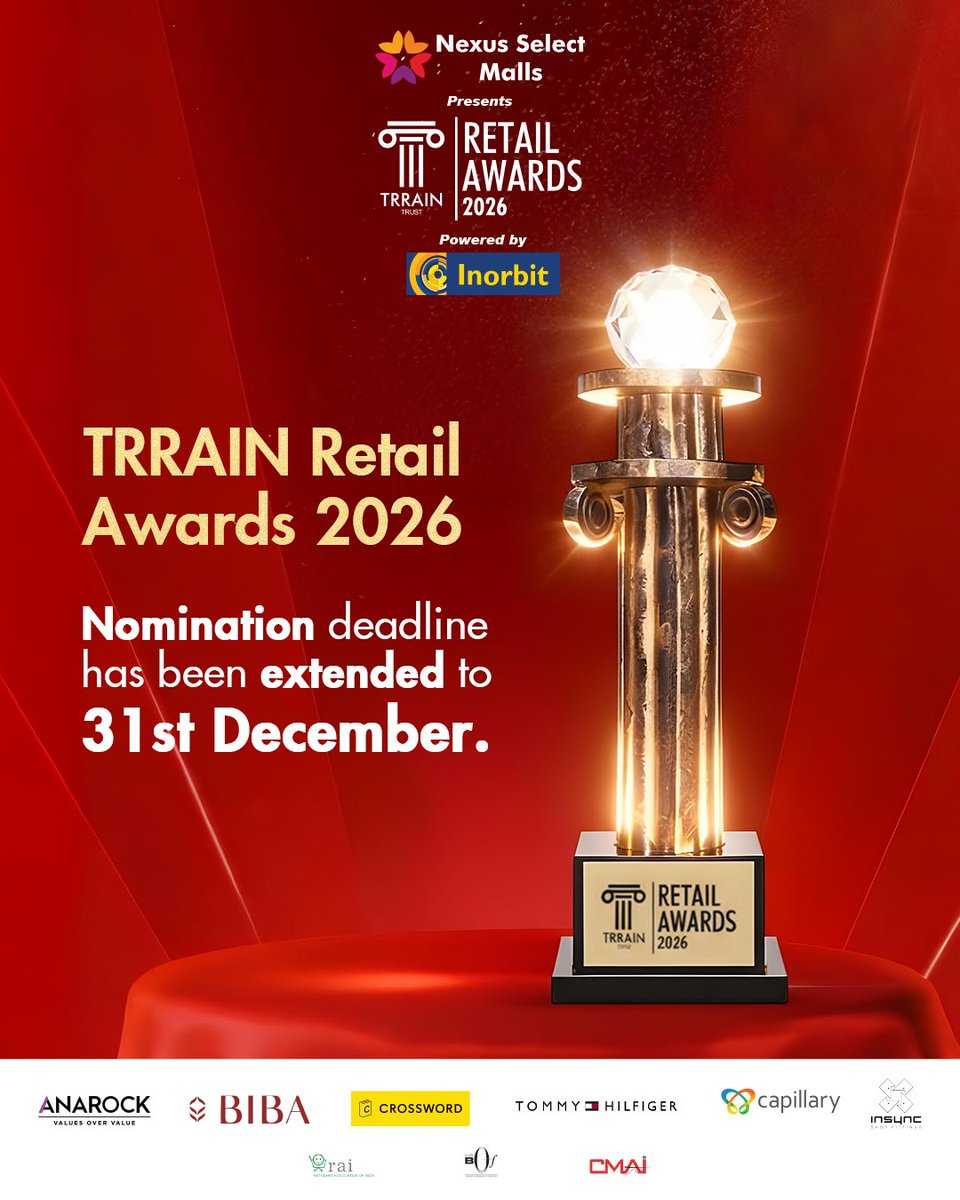 TRRAINindia's tweet photo. Good news! You have more time.
Nominations for TRRAIN Retail Awards 2026 are now open till 31st December.
Nominate your retail heroes.
For details: tarannum.ahuja@trrain.org

#trrain #trrainretailawards2026 #Retailassociate https://t.co/HALwzmUzUH