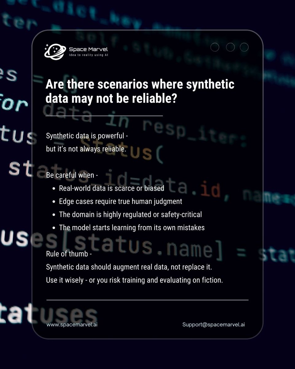 SpaceMarvelAI's tweet photo. Synthetic data is useful - but risky when it replaces real data.
How do you validate yours? 👇
#AI #GenAI #LLM #AIEvals #ErrorAnalysis #MachineLearning #MLOps #AIProduct #TechInsights #BuildInPublic https://t.co/DhmxvQJxx4