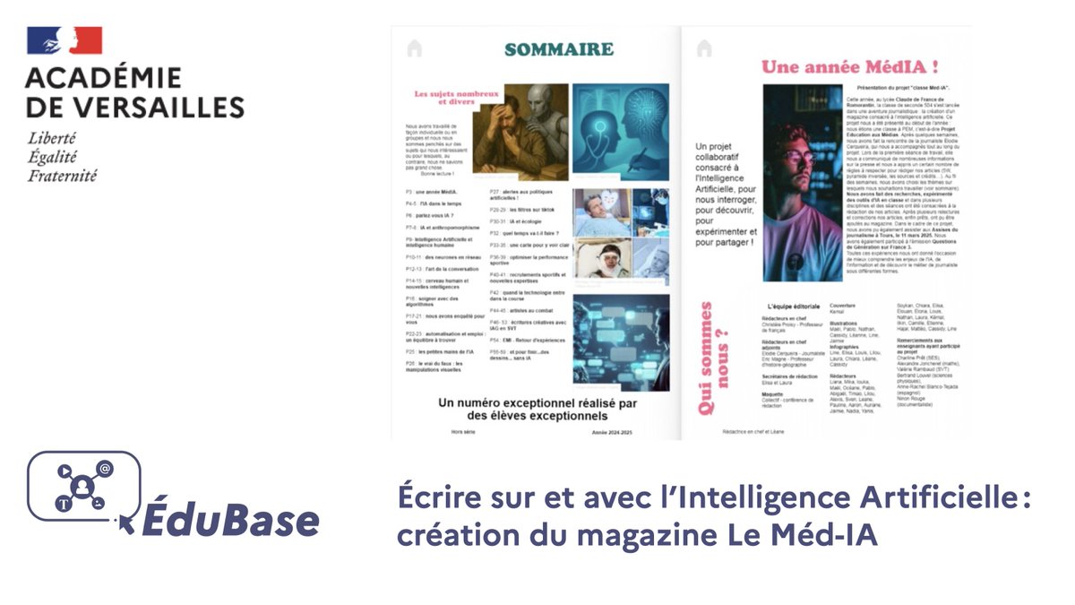 🧑‍💻 #Écriture | #IA

🔷 « Écrire sur et avec l’Intelligence Artificielle : création du magazine Le Méd-IA » : un scénario #Édubase <a href="/ac_orleanstours/">Académie d'Orléans-Tours</a> pour faire composer et publier aux élèves un magazine numérique consacré à l'#IntelligenceArtificielle

👉 edubase.eduscol.education.fr/fiche/23857