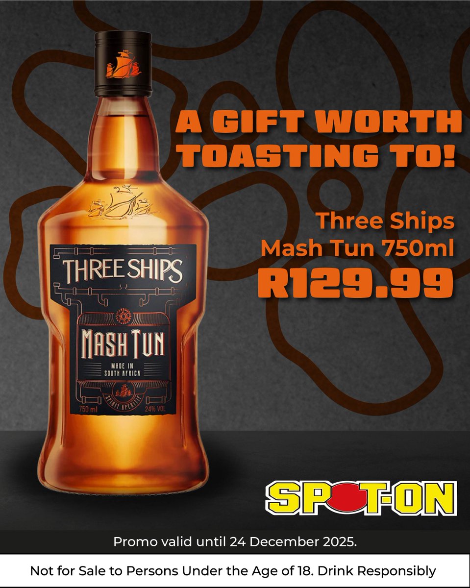 🥃 Three Ships Mash Tun 750ml - R129.99
Perfect for a festive treat, graduation gift, or relaxing with family and friends.

📍 Find your nearest store: spotonliquor.co.za/store-directory
Promo valid until 24 December 2025.

#SpotOnGifting #ThreeShips #LiquorDeals #FestiveSeason
Ts &amp; Cs