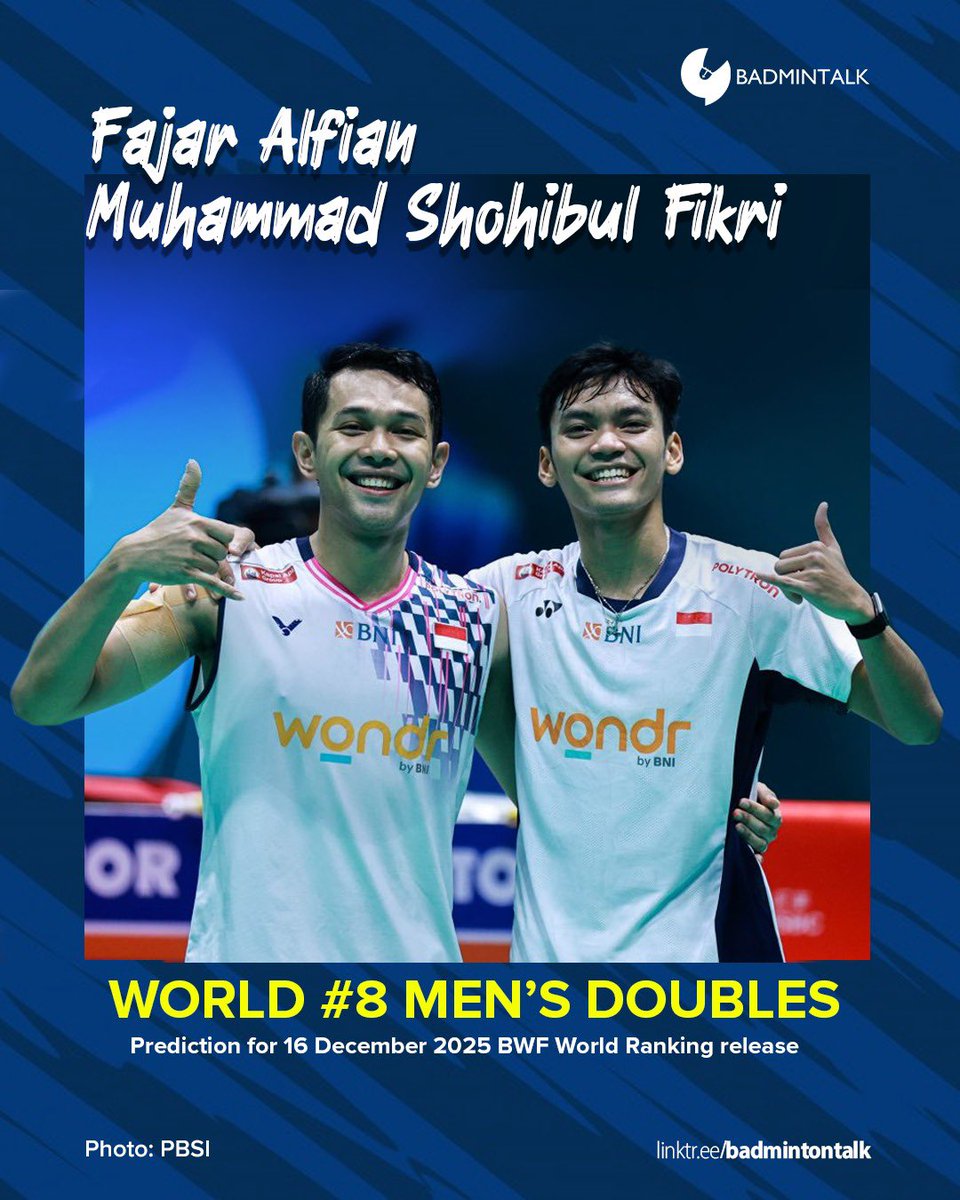Congratulations to Fajar Alfian and Muhammad Shohibul Fikri for reaching career high of World Rank number #8 this week!

They will be ranked eighth in the world in this week's ranking release on Tuesday, 16 December 2025! 

#Badmintalk #RankingCalculated