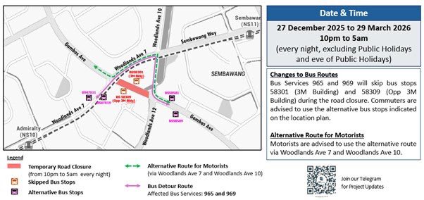 LTAtrafficnews's tweet image. #PSA Gambas Ave, between Woodlands Ave 7 &amp;amp; 10/12 will be temporarily closed to traffic on 27 Dec 2025 -29 Mar 2026, 10pm-5am for #NSC works. Motorists are advised to use alternative routes, take note of changes to bus routes, and look out for on-ground signages.