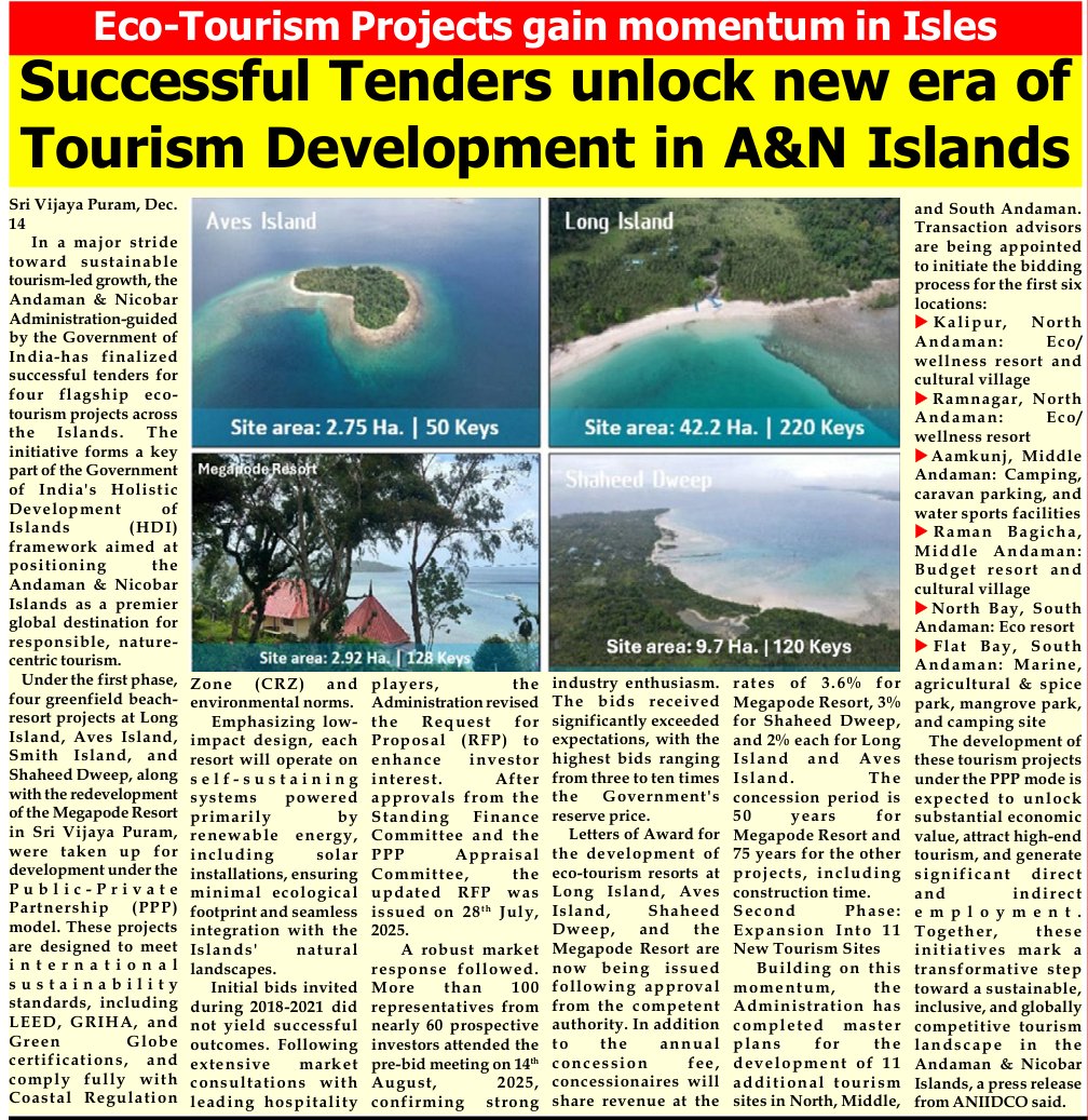 #Gateway2IndoPacific
#IslandsDevelopmentAgency
#IndianOceanRegion

4 flagship #EcoTourism #Projects under Govt of India’s HDI framework secure successful PPP tenders! Resorts at #LongIsland, #AvesIsland, #SmithIsland, #ShaheedDweep and #MegapodeResort redevelopment in