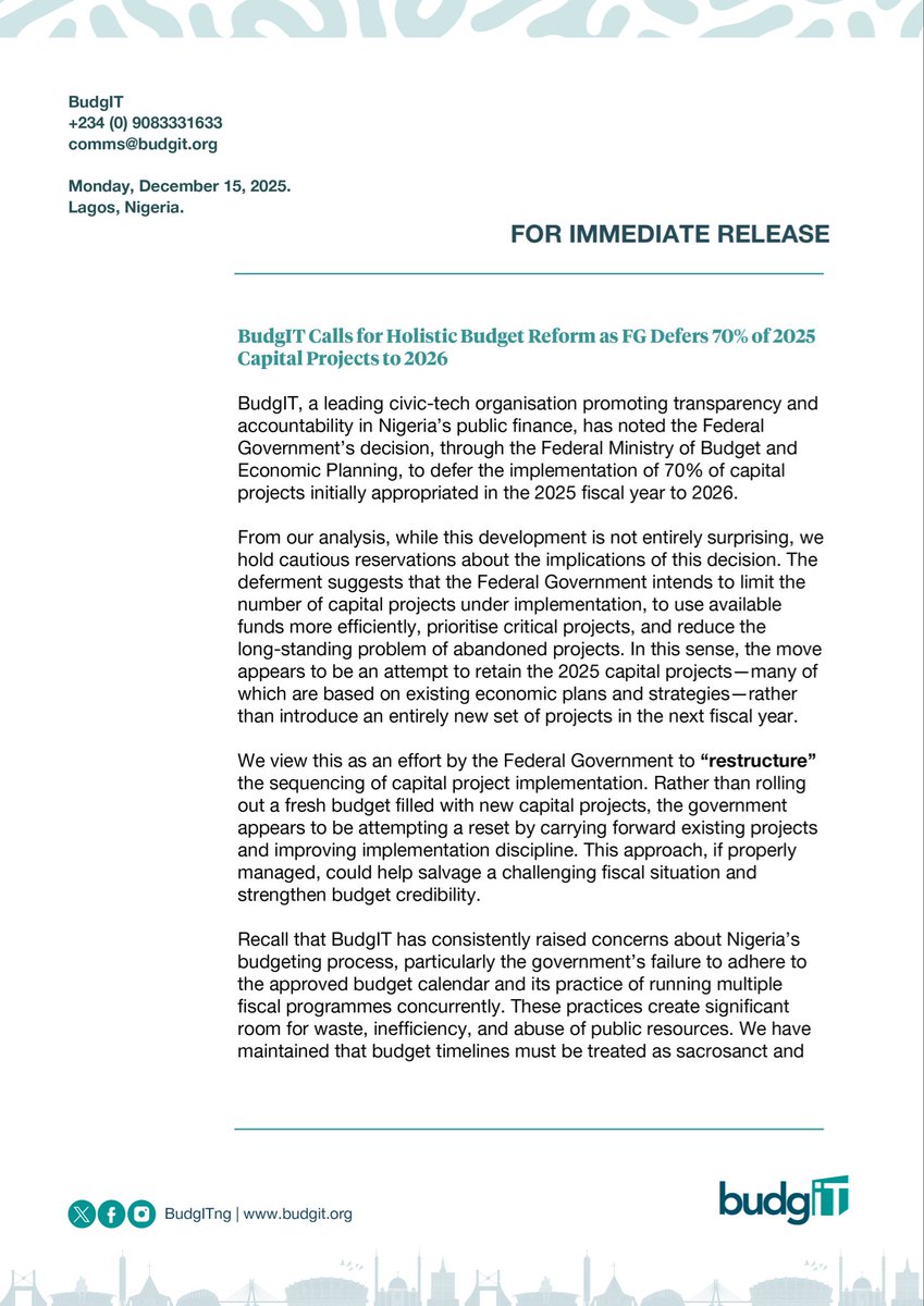 BudgITng's tweet photo. 🗣️🗣️ @BudgITng Calls for Holistic Budget Reform as FG Defers 70% of 2025 Capital Projects to 2026.

Dear Nigerians, the Federal Government has decided, through the @PlanningNG, to defer the implementation of 70% of capital projects initially appropriated in the 2025 fiscal year to 2026.

What does this mean?

Thread!
Press Statement  #AskQuestions