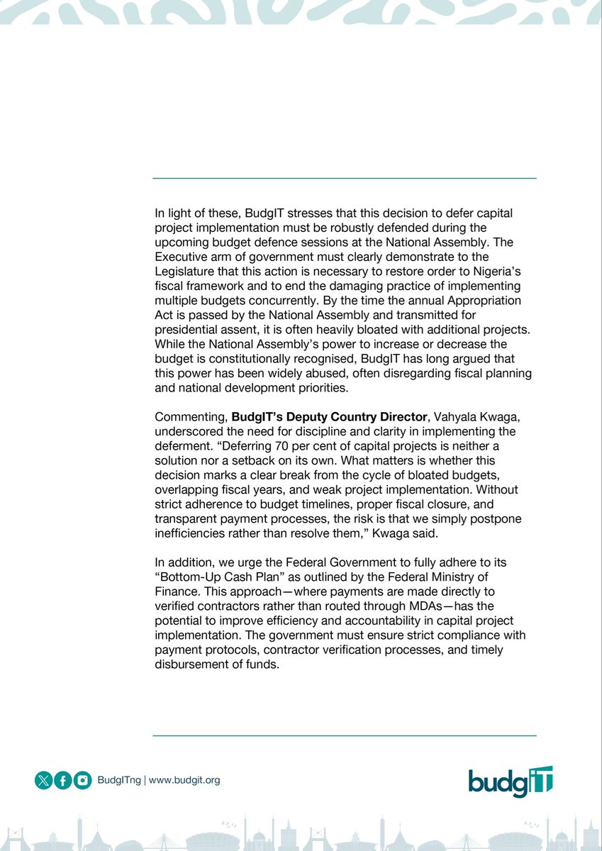 BudgITng's tweet photo. 🗣️🗣️ @BudgITng Calls for Holistic Budget Reform as FG Defers 70% of 2025 Capital Projects to 2026.

Dear Nigerians, the Federal Government has decided, through the @PlanningNG, to defer the implementation of 70% of capital projects initially appropriated in the 2025 fiscal year to 2026.

What does this mean?

Thread!
Press Statement  #AskQuestions