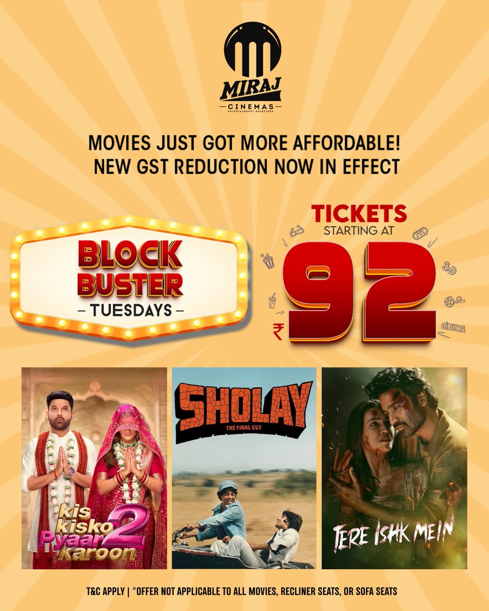 MirajCinemas's tweet photo. Get ready to enjoy your favourite new releases with our Blockbuster Tuesday offer, starting at just ₹92 at #MirajCinemas. T&Cs apply.
.
Book now: https://t.co/niVUo6MpZX
.
#KisKiskoPyaarKaroon2 #SholayTheFinalCut #TereIshkMein #Zootopia2 #Uttar #Jeev #LaaloKrishnaSadaSahaayate https://t.co/82wQ2qoccG