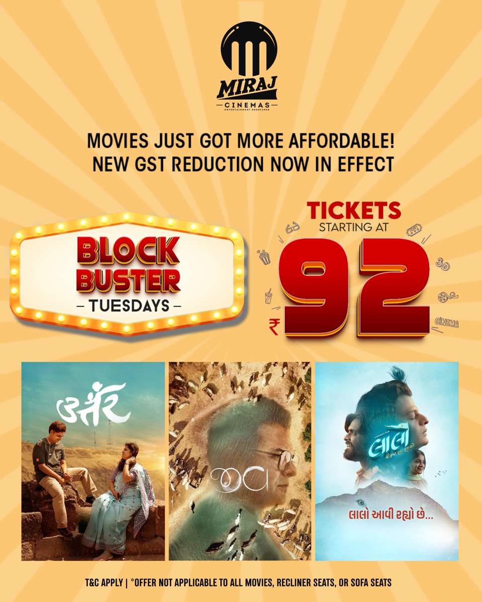 MirajCinemas's tweet photo. Get ready to enjoy your favourite new releases with our Blockbuster Tuesday offer, starting at just ₹92 at #MirajCinemas. T&Cs apply.
.
Book now: https://t.co/niVUo6MpZX
.
#KisKiskoPyaarKaroon2 #SholayTheFinalCut #TereIshkMein #Zootopia2 #Uttar #Jeev #LaaloKrishnaSadaSahaayate https://t.co/82wQ2qoccG