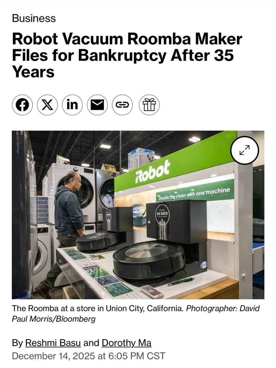 🚨 INVESTING : iRobot, produttore dei robot aspirapolvere Roomba, dichiara bancarotta e passa il controllo a Shenzhen Picea Robotics