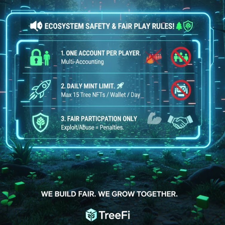 📢 ECOSYSTEM SAFETY &amp; FAIR PLAY RULES! 🌲🛡️

To protect the TreeFi ecosystem and ensure fair gameplay for everyone, we are enforcing strict rules:

One Account Per Player: Multi-accounting is strictly prohibited and will result in a permanent ban. 🔥
Daily Mint Limit: Max 15 Tree