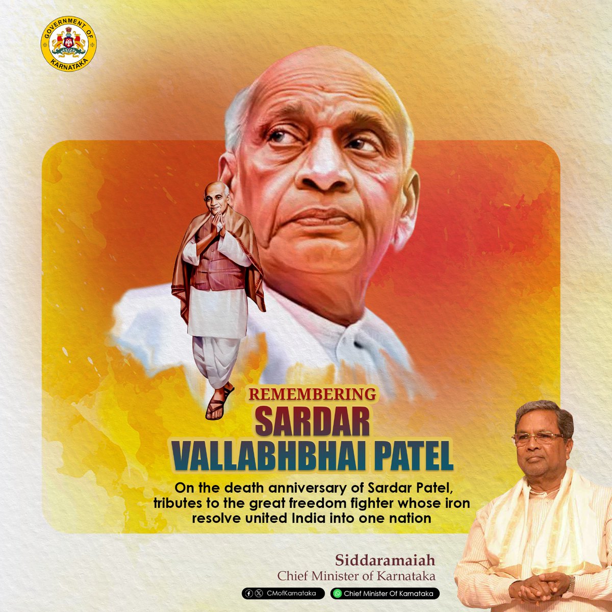 CMofKarnataka's tweet image. "On the death anniversary of Sardar Vallabhbhai Patel, we honour a true Gandhian freedom fighter and lifelong Congressman.

Known as the Iron Man of India, his uncompromising commitment to national unity, communal amity, and the integration of a newly independent nation continues…