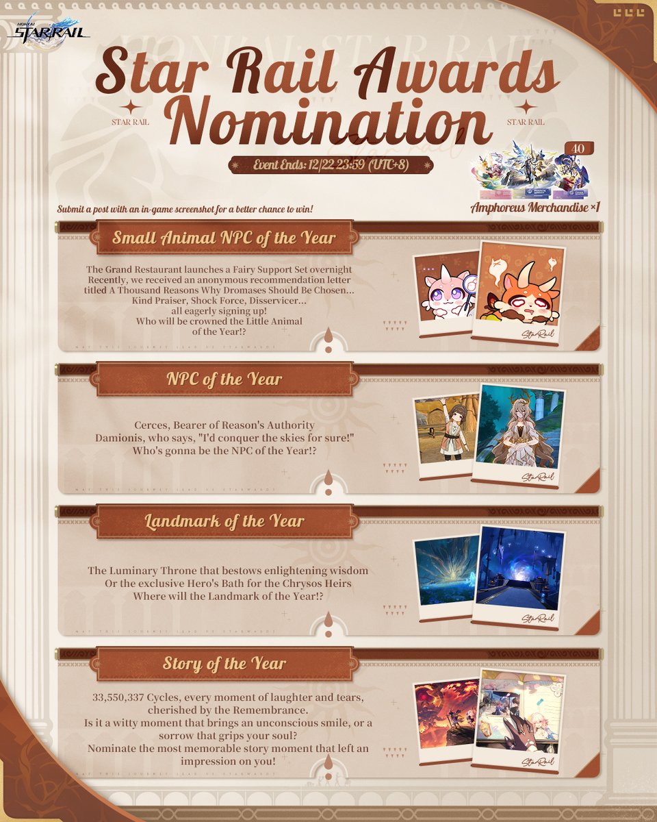 honkaistarrail's tweet image. #StarRailAwards2025
Nomination

Which of the countless memories and moments we shared over the past year have left a deeper impression on you?
It's time to share your thoughts on your nominations for the 2025 Star Rail Awards!
Four awards have been established this time, and we…