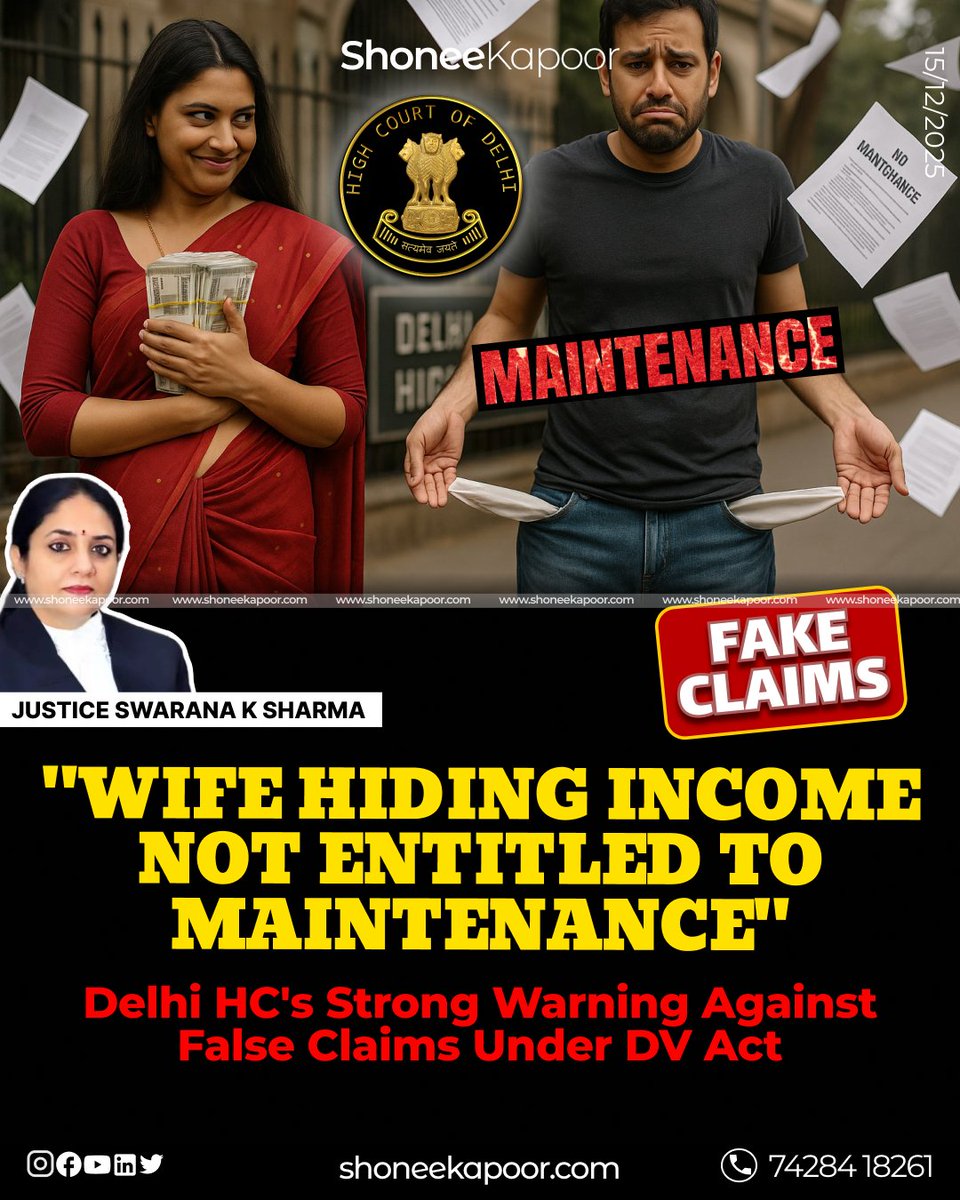 ShoneeKapoor's tweet photo. The Delhi High Court has clearly ruled that a wife who conceals her income cannot claim maintenance under DV laws.

Qualified and earning-capable individuals cannot misuse gender laws to turn husbands into permanent ATMs.

This judgment strengthens men’s rights by restoring honesty, balance, and accountability in maintenance cases.

Read More:👇
https://t.co/UWvuXgKDCT 

#DelhiHighCourt #NoMaintenance #DVAct #FalseCases #MenRights #LegalAwareness #JusticeForMen