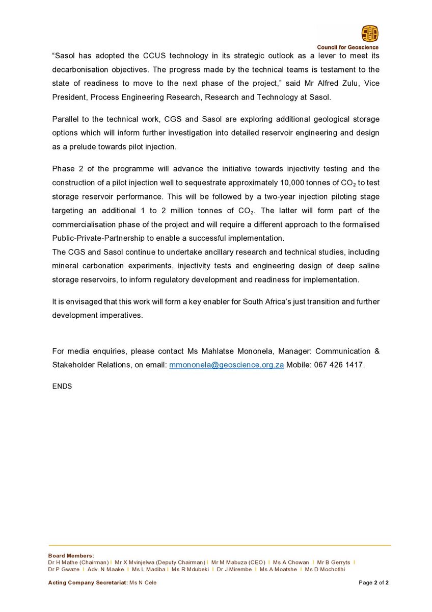 CGS_RSA's tweet image. Joint statement by the @CGS_RSA and @SasolSA reaffirming their commitment on CCUS.

#CCUS #CCS #Partnership