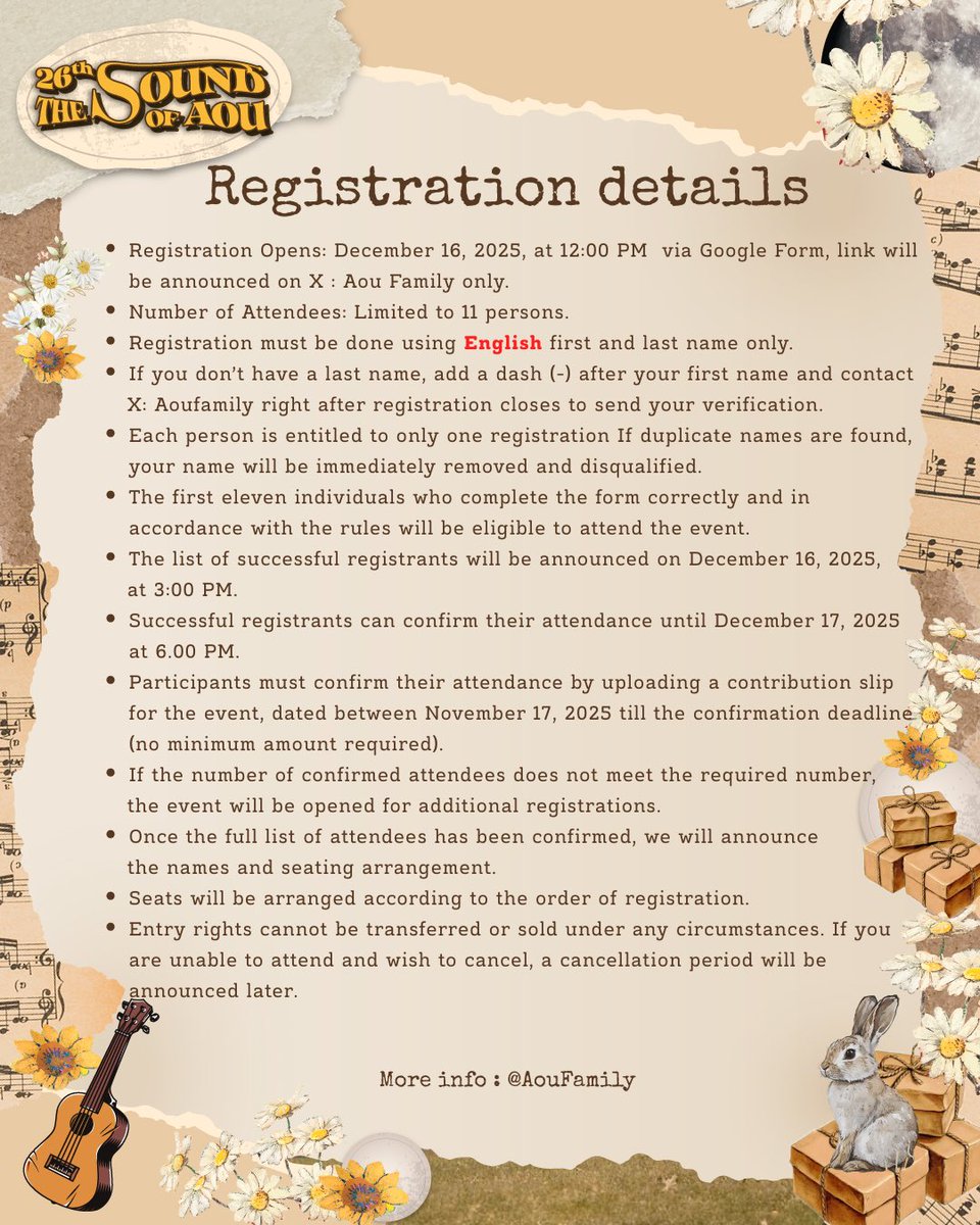 AouFamily's tweet photo. ♬•*¨*•𝟐𝟔𝐭𝐡 ; 𝐓𝐇𝐄 𝐒𝐎𝐔𝐍𝐃 𝐎𝐅 𝐀𝐎𝐔•*¨*•♪

— REGISTRATION ROUND 3 — 

❤️‍🔥❤️‍🔥 LAST 11 SEAT ❤️‍🔥❤️‍🔥 

📝 ลงทะเบียนผ่าน Google Form
🔗 ลิ้งประกาศทาง X ; AouFamily เท่านั้น ! 
🗓️ วันลงทะเบียน 16.12.2025 
⏰ 12.00 น. | 12.00 PM (GMT+7) 
🪑 11  seats 
 
*รายละเอียดและตัวอย่างฟอร์มด้านล่าง
#26thAouBDProject 
#aou_tnbknr #เหล่าเดซี่ของอู๋