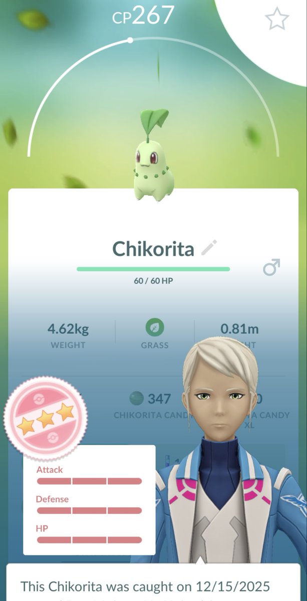 This is special to me. Pokémon Crystal was my first Pokémon game as a child and chikorita was my starter. Today I caught a perfect IV chikorita in the wild. Had to share. #PokemonGO #Pokemon
