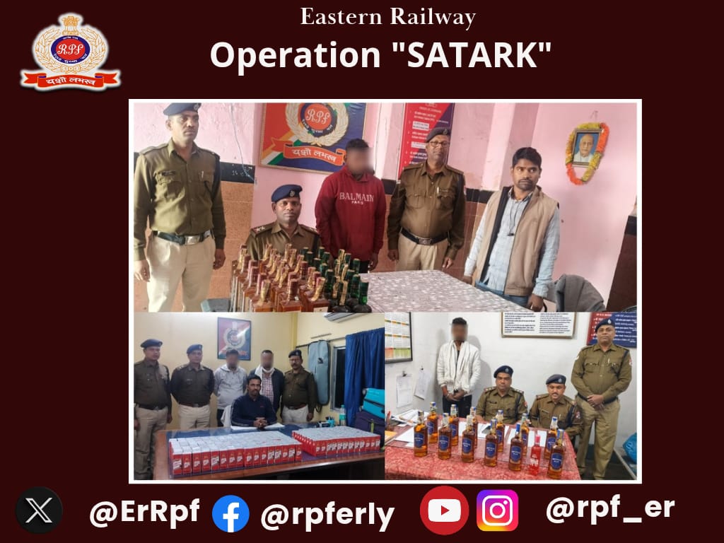 ErRpf's tweet photo. “Vigilant Eyes, Protecting Every Mile.”
RPF arrested 04 persons with recovery of 634 Bottles/Pouch Foreign Liquor, valued ₹ 1,23,320 from Chittaranjan, Asansol &amp; Sultanganj &amp; handed over to concerned GRPS/Excise Dept.
#OperationSatark
@RPF_INDIA 
@RailMinIndia 
@EasternRailway https://t.co/soStytin1G