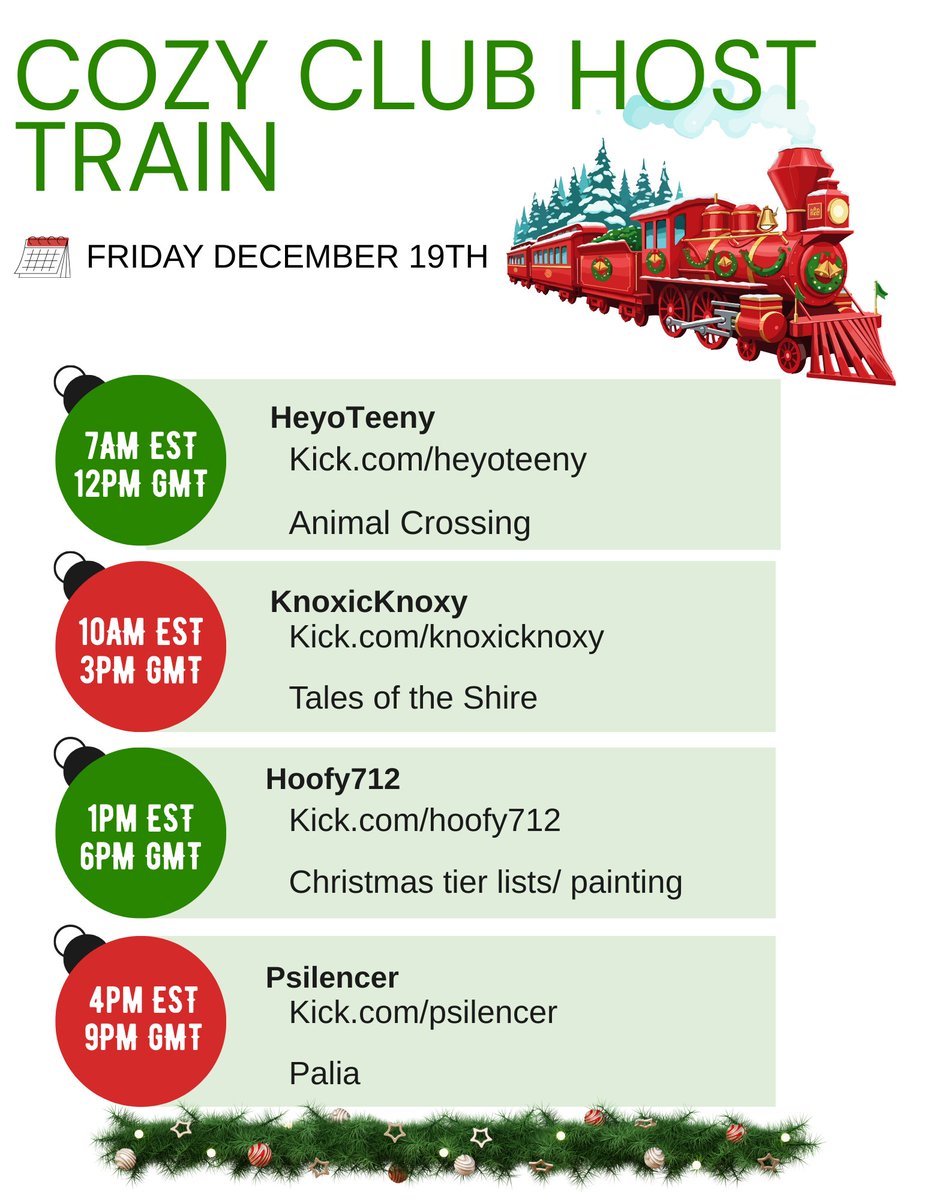 🎄🚂 COZY CLUB HOST TRAIN ANNOUNCEMENT 🚂🎄

I’m SO excited to announce that the Cozy Club is hosting a Cozy Train this Friday!

We’re rolling through cozy vibes all day with
@heyoteeny 
<a href="/KnoxicKnoxy/">Knoxy</a> 
<a href="/ThePsilencer/">Psilencer - 💚⚡️🪑</a> 

#CozyClub #CozyTrain #KickStreaming #CozyGames