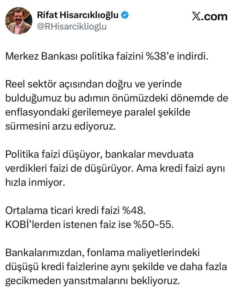 TOBB Başkanımız Sayın M. Rifat Hisarcıklıoğlu, bankaların kredi faizleri hakkında önemli açıklamalarda bulundu. <a href="/RHisarciklioglu/">Rifat Hisarcıklıoğlu</a> <a href="/TOBBiletisim/">TOBB</a>