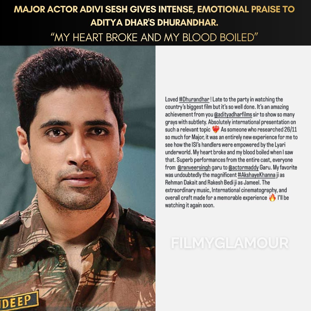 FilmyGlamour's tweet photo. Adivi Sesh's Raw Reaction to Dhurandhar!
Which Scene Hit You The Hardest? 🔥
#AdiviSesh #RanveerSingh #Dhurandhar #BollywoodBuzz #CelebrityPraise #FilmReviews #ActorTalk #CinemaLovers #IndianCinema #MovieBuzz #PowerfulPerformance #Filmmaking #AdityaDhar #FilmyGlamour https://t.co/Tjci4ukp1u