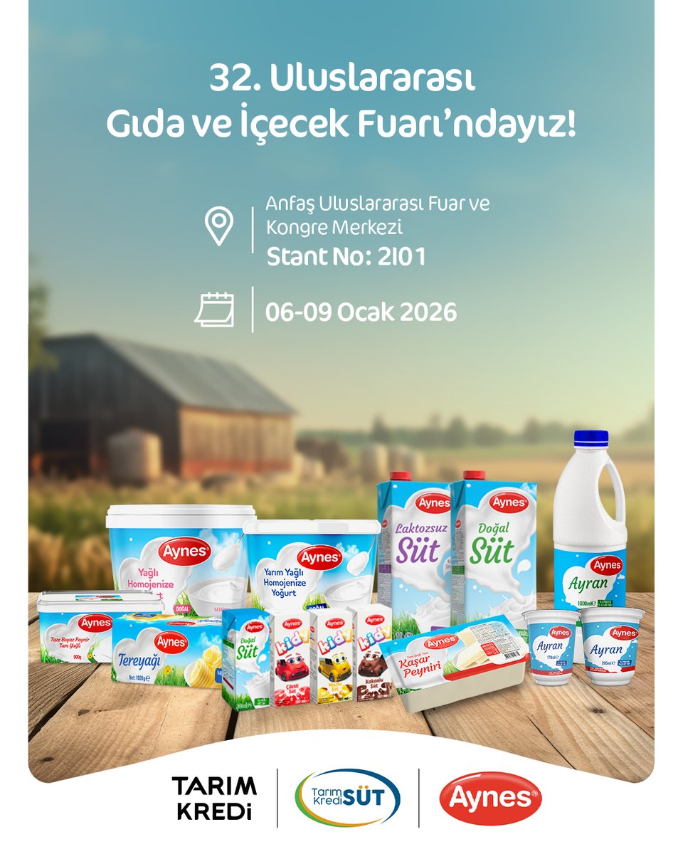 tksuturunleri's tweet photo. 32. Uluslararası Gıda ve İçecek Fuarı için geri sayım başladı!
06-09 Ocak tarihlerinde Anfaş Uluslararası Fuar ve Kongre Merkezi’nde gerçekleşecek fuarda sizleri standımızda ağırlamaktan mutluluk duyarız.

#TarımKrediSüt #TarımKredi https://t.co/4SX0I0U4Jw