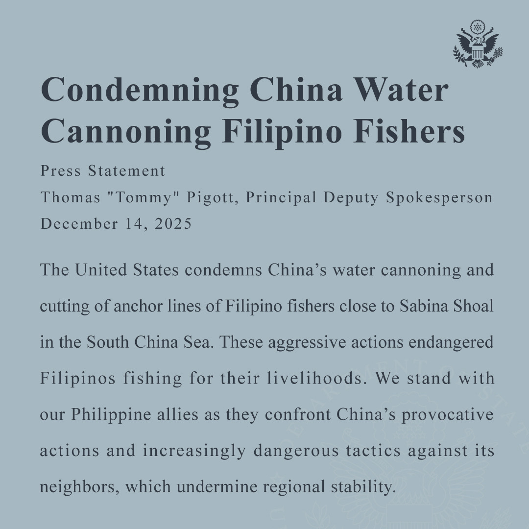 Condemning China Water Cannoning Filipino Fishers

Press statement: state.gov/releases/offic…