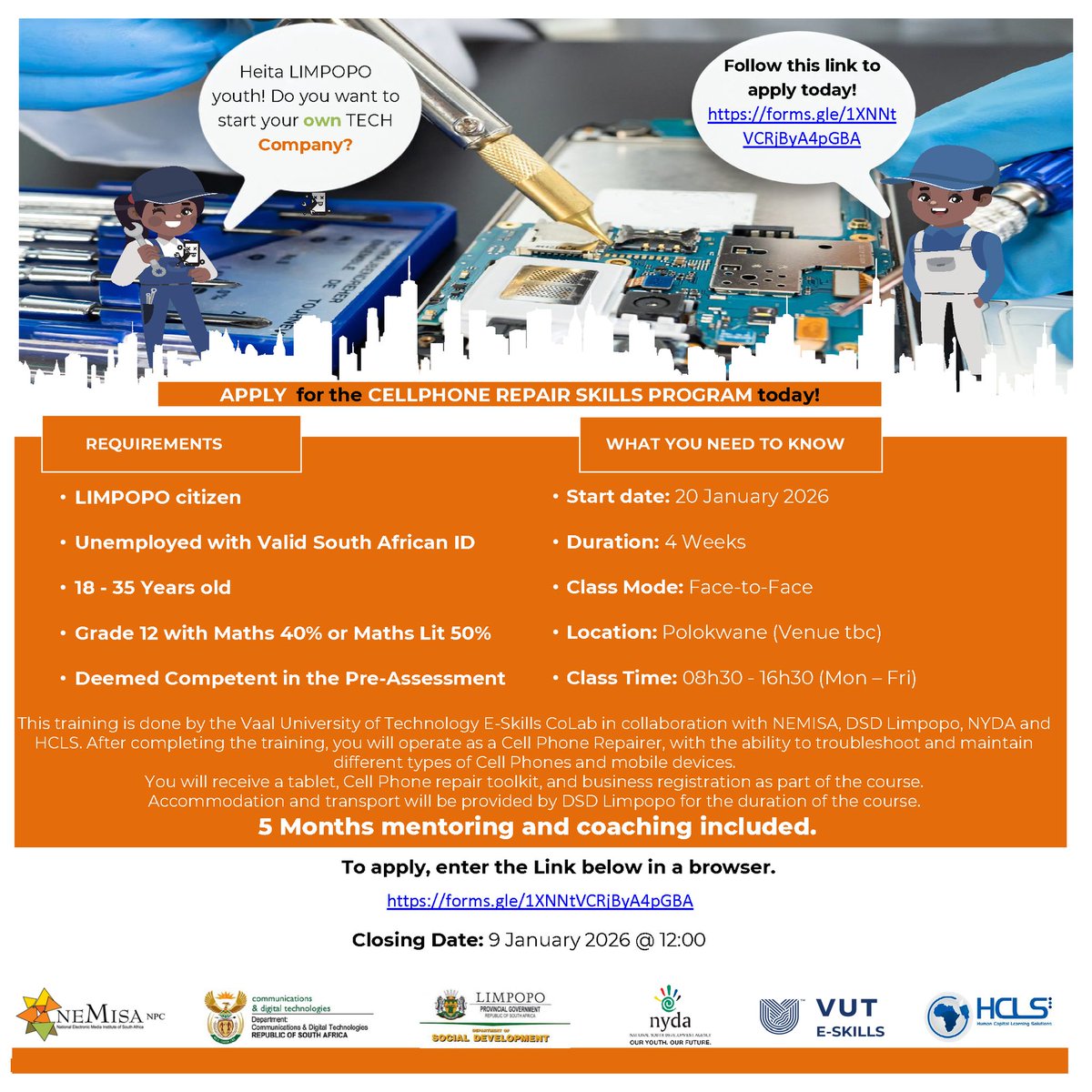 NYDARSA's tweet photo. EXCITING NEWS!

The FREE Cellphone Repair Training is coming to Limpopo.
Applications are now open, and the programme is kicking off on 20 January 2026 in Polokwane.

What you will get:
• In-demand cellphone repair skills
• A tablet and repair toolkit
• Business registration support
• 5 months mentoring and coaching
Accommodation and transport will be provided.

Apply at: https://t.co/MSZMXir8pQ. 

#CellphoneRepair #Training #Limpopo #Polokwane #TechSkills #DigitalSkills #FreeTraining #Entrepreneurship #MondayMotivation #SouthAfrica